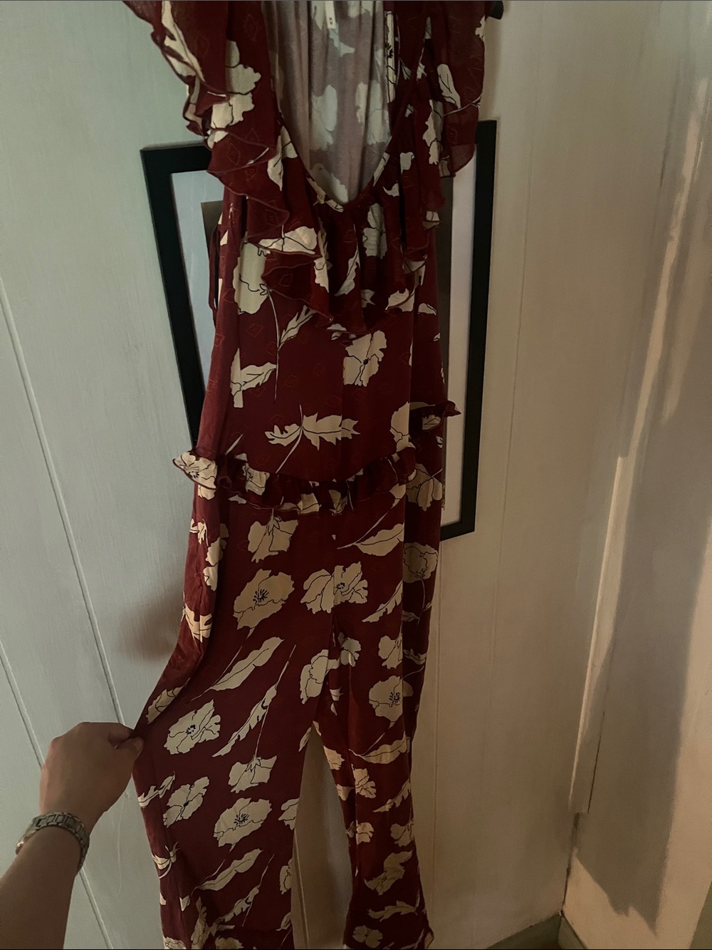 Free People Burgundy Floral Ruffle Austin Jumpsuit